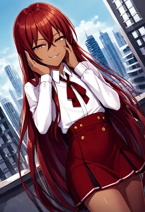 androgynous, absurdres, source_anime, solo, dutch_angle, looking at viewer, hair_between_eyes, :3, smile, red hair, brown hair, very long hair, long bangs, hair_over_face, hand on face, city, dress shirt, skirt, school uniform, dark skin, half-closed eyes,...