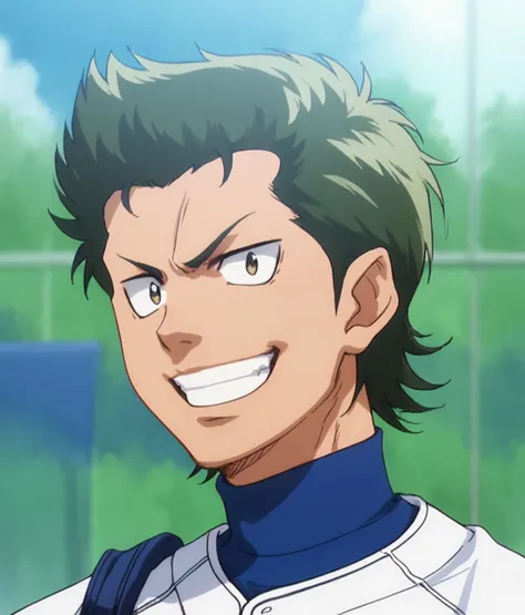 score_9, score_8_up, score_7_up,  <lora:Kuramochi:0.8>,  1boy, solo, Kuramochi Yoichi, green hair, baseball uniform, looking at viewer, grin sportswear, upper body, outdoors, male focus,