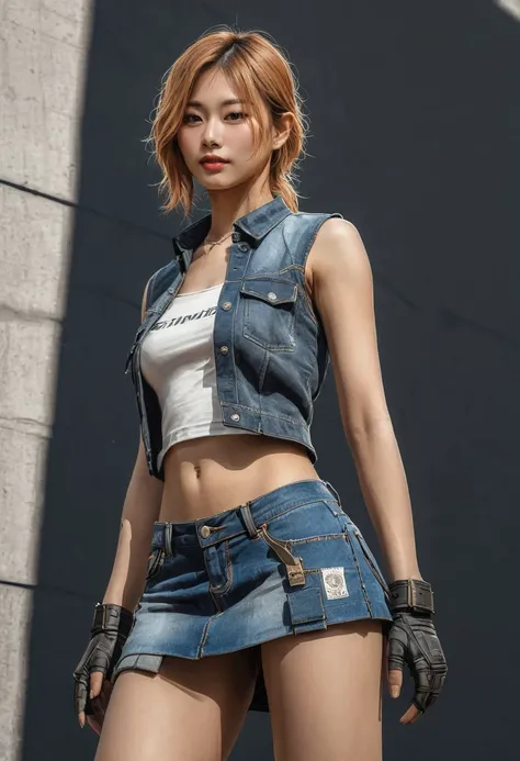 tzuyu woman,raw,high resolution,skin textures,  silk, vedga, mini jeans skirt, builders clothes, urban dystopia, hyper realistic, ige suit, rule of thirds, extreme detail, detailed drawing, trending artstation, hd, d & d, realistic lighting, by alphonse mu...