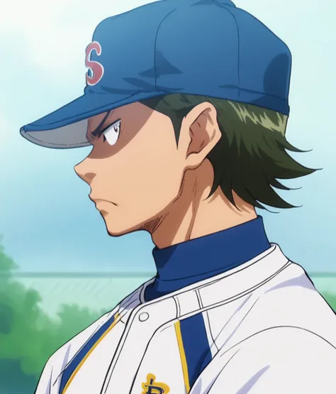 score_9, score_8_up, score_7_up,  <lora:Kuramochi:0.8>,  1boy, solo, Kuramochi Yoichi, green hair, baseball cap, baseball uniform, hat, profile, sportswear, serious, upper body, outdoors, male focus,