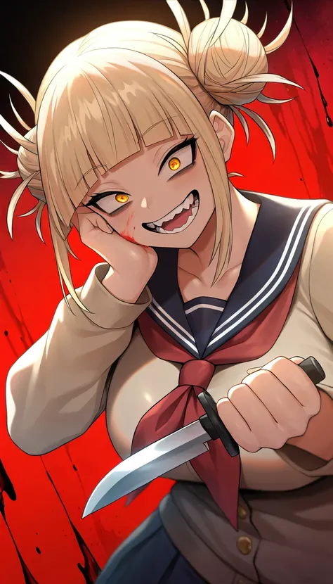 masterpiece, best quality, amazing quality, very aesthetic, absurdres,  newest, scenery, depth of field, shiny skin, humid skin,  colorful, ,  1girl, toga himiko, teeth, open mouth, blood on face, smile, double bun,  crazy eyes, holding knife, hand on own ...