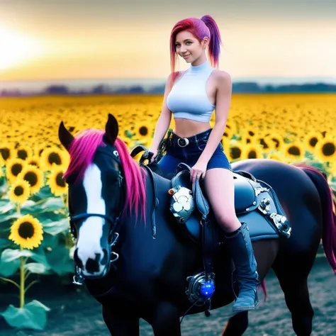 bare shoulders, horseback riding, couch, multicolored hair, upper body, ponytail, lamp, black background, car interior, pants, midriff, flower field, sky, mecha, sunflower