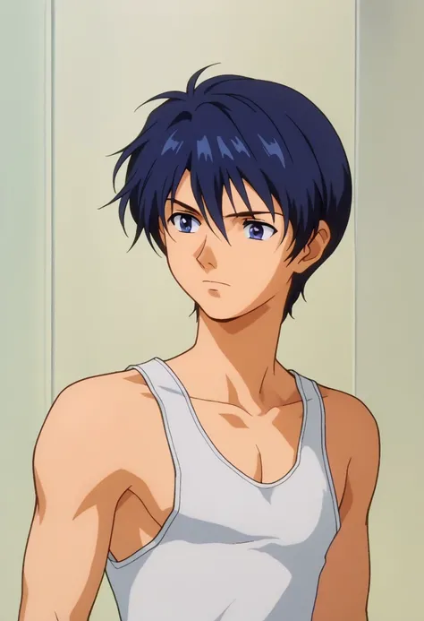 score_9, score_7_up, source_anime, 
isami, 1boy, male focus, solo, blue eyes, blue hair, short hair, tank top, sulking, portrait,
indoor,