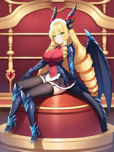 1girl,solo,sit, stamp ones feet,hands wine juice,from side,
break,<lora:Futtoras_Crystal_Dragon_Girl_Maidyounglady_Ruby:1>fc_maid_ruby, wings, dragon wings, tail, horns, blonde hair, drill hair, dragon tail, solo, thighhighs, dragon girl, green eyes, long ...