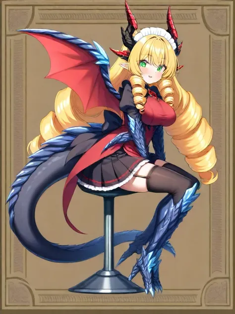 1girl,solo,sit, stamp ones feet,hands wine juice,from side,
break,<lora:Futtoras_Crystal_Dragon_Girl_Maidyounglady_Ruby:1>fc_maid_ruby, wings, dragon wings, tail, horns, blonde hair, drill hair, dragon tail, solo, thighhighs, dragon girl, green eyes, long ...