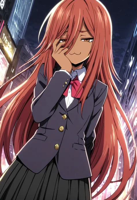 jin, androgynous, absurdres, source_anime, solo, dutch_angle, looking at viewer, hair_between_eyes, :3, smile, red hair, brown hair, very long hair, long bangs, hair_over_face, hand on face, city, dress shirt, skirt, school uniform, dark skin, half-closed ...