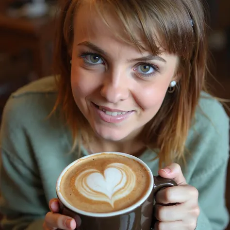 close portrait of a young woman, slightly mild side view, , sitting in a cafebar  on a cafe table  grabbing a large mug with latte art in the shape of a heart  , petite delicate , (high detailed face and skin texture with skin pores:1.3)  , warming her han...