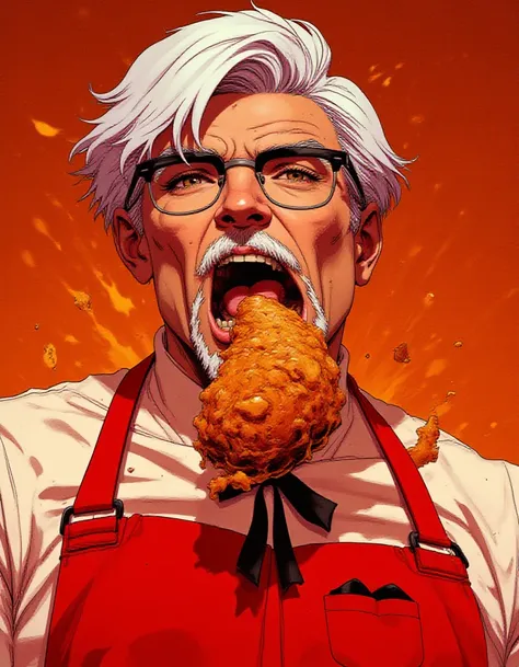 colonel-sanders, Comic book style, he has a piece of fried chicken clenched between his teeth with an intense expression on his face, wearing glasses and a white shirt under a red apron  <lora:colonel-sanders_000003800:0.8> <lora:Comic book V2 [TW is Comic...