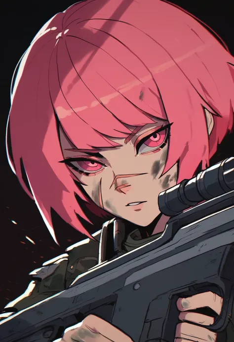 score_9, score_8_up, score_7_up, score_6_up, bsdbn, 1girl, solo, short hair, weapon, red hair, portrait, gun, bangs, holding, scar, red eyes, holding weapon, looking at viewer, scar on face, pink hair, dirty, parted lips, pink eyes, holding gun