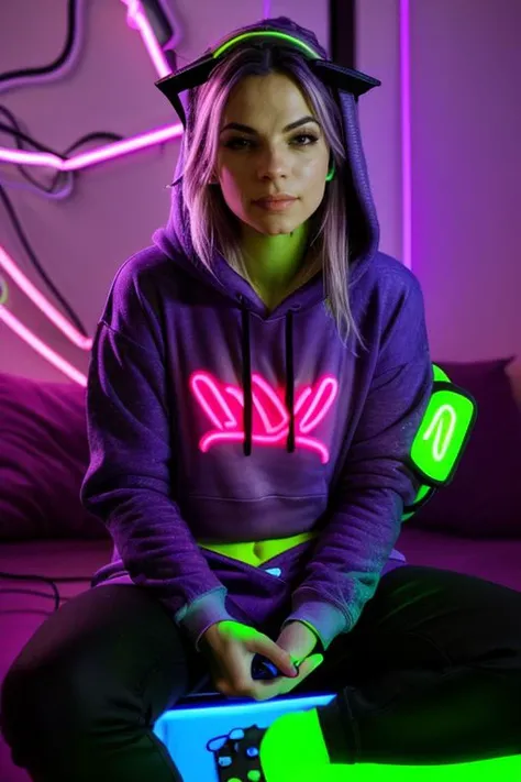 DEN_lorean_OF,
(sitting at a computer wearing headphones and playing games (holding a controller:1.2) wearing a (hoodie:1.2) in a (neon lit room:1.3), (gamer:1.2), gaming, (gamer girl:1.3), games, (purple lighting, neon:1.2):1.3), (clothing:1.2), fully dre...