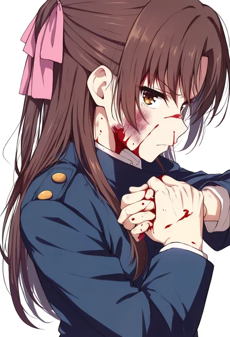 highres,absurdres,masterpiece,best quality,<lora:memaxv3typec_ill:1>,1girl,blood,blue jacket,brown eyes,brown hair,bruise,bruise...