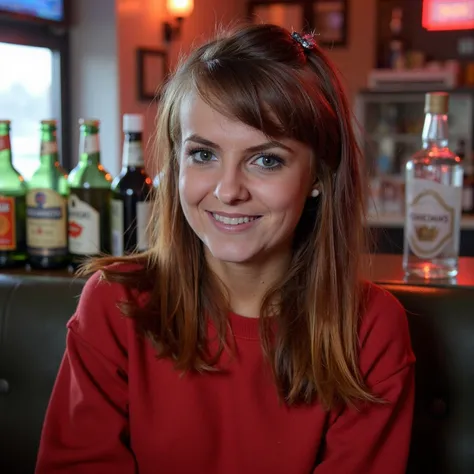 wide portrait of a young woman, sitting in a bar , neon noir , light brunette hair style , petite delicate ,lovely eye contact , large cute curls,  wear a cute tight luxory fashion sweatshirt  dress ,xzann1