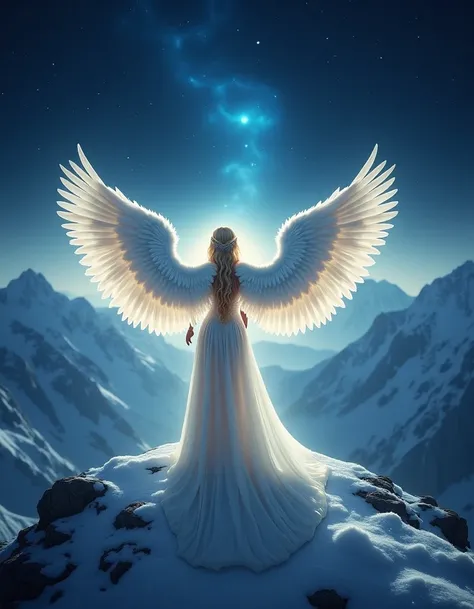 an angelic blonde woman blue eyes with wings stood on the peak of a snowy mountain, her arms out wide, an ethereal glow surrounds her lighting the dark night, shes facing away from camera