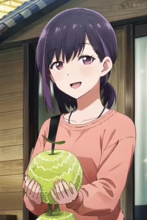 (masterpiece), rika honjoji, purple hair, purple eyes, short hair, 1girl, food, solo, fruit, open mouth, holding, smile, holding food, holding fruit, ponytail, upper body, indoors