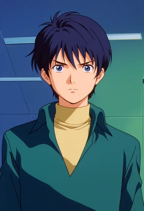 score_9, score_7_up, source_anime, 
isami, 1boy, male focus, solo, blue eyes, blue hair, short hair, turtleneck, shirt, yellow shirt, green shirt, collared shirt, long sleeves, sleeves rolled up,
indoor,