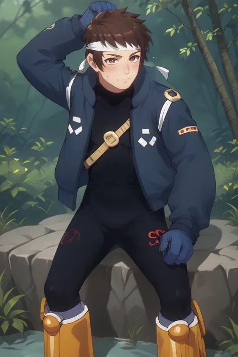 score_9, score_8_up, score_7_up, score_6_up, score_5_up,score_4_up ,
1boy, male focus, solo,
 egg_outf, black bodysuit, blue jacket, blue  gloves, yellow footwear, shingo_onse, brown hair, brown eyes, headband