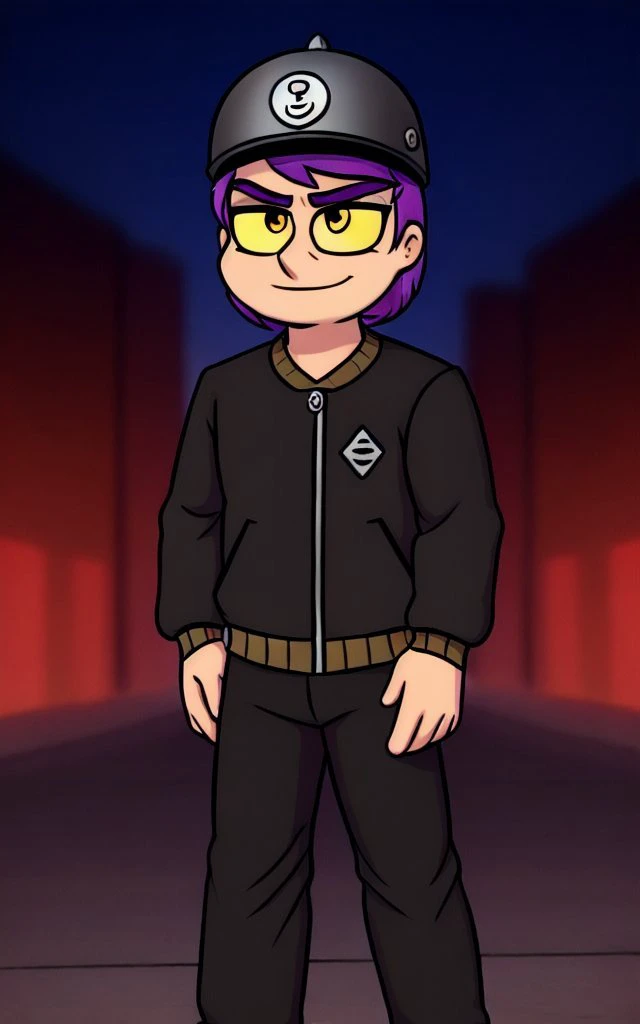 <lora:13cards_clones:0.8>
solo, 1boy, masterpiece,
pik, yellow sclera, human, black Pickelhaube helmet, black bomber jacket, purple hair, eyebrows, black, pants, standing, motorcycle background, motorcycle, posing, evening background