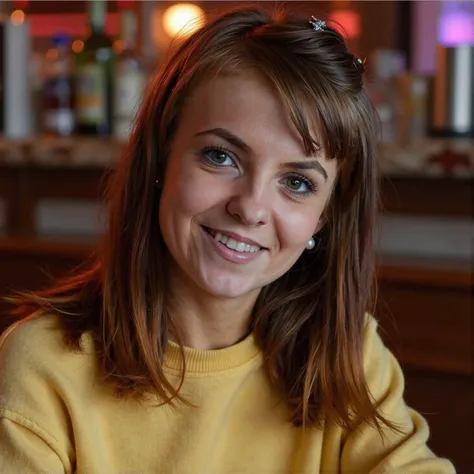 wide portrait of a young woman, sitting in a bar , neon noir , light brunette hair style , petite delicate ,lovely eye contact , large cute curls,  wear a yellow cute tight luxory fashion sweatshirt  dress , high detailed hair line,  detailed teasing , (pr...