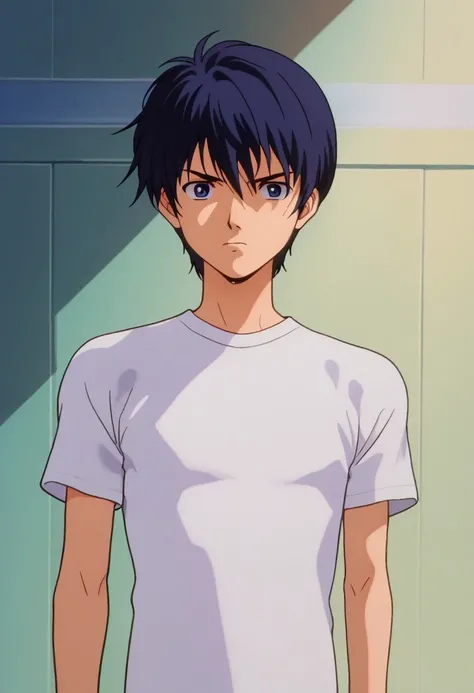 score_9, score_7_up, source_anime, 

isami, 1boy, male focus, solo, blue eyes, blue hair, short hair, shirt, white shirt, t-shirt, short sleeves, sulking,

indoor, 