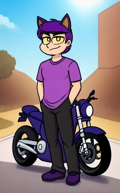 <lora:13cards_clones:0.8>
solo, 1boy, masterpiece,
pik, yellow sclera, human, catboy, cat ears, purple hair, eyebrows, purple shirt, black, pants, standing, motorcycle, posing,