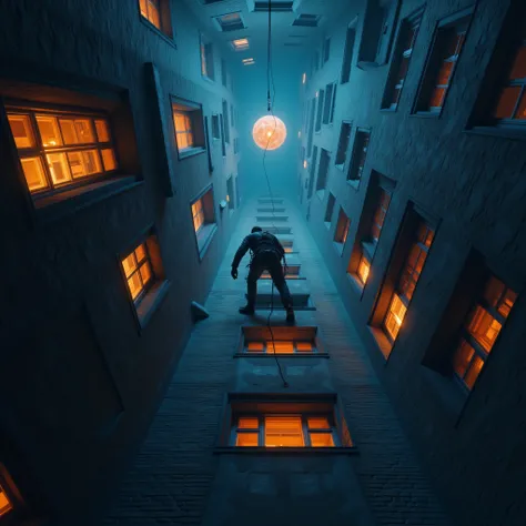 cinematic film still professional 3d model <lora:lora-000005.TA69_trained:1>"A surreal scene featuring a lone man climbing a towering vertical structure with twisting walls, glowing orange and blue windows casting dramatic light and shadows. The climber is...