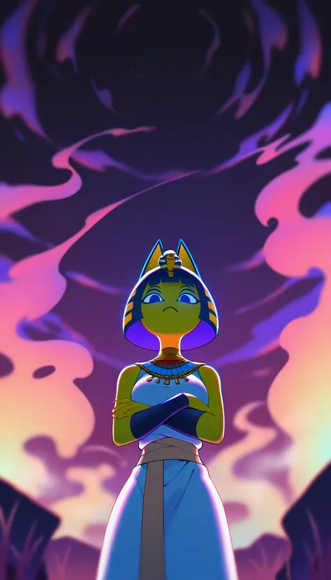 masterpiece, best quality, amazing quality, very aesthetic, absurdres,  newest, scenery, depth of field, shiny skin, humid skin,  , 1girl, ankha (animal crossing), yellow skin,  , wide_shot, from below, egyptian clothes, glowing eyes, looking at viewer, cr...