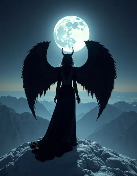an demonic woman with black wings  facing away from camera stood on the peak of a snowy mountain, her arms out wide, an ethereal glow surrounds her lighting the dark night, shes, her dress is black latex