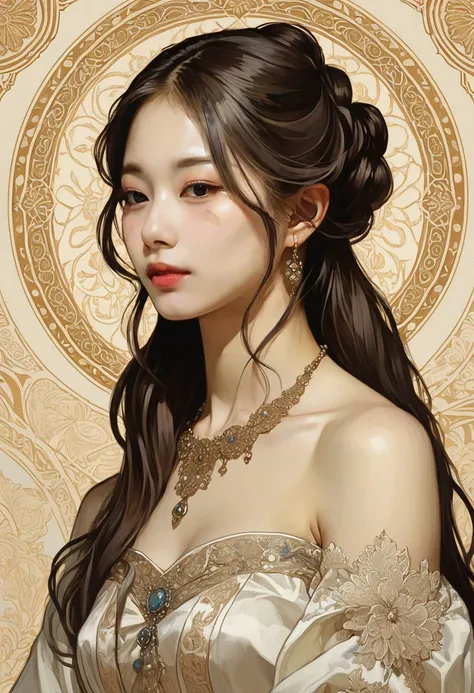 tzuyu woman,raw,high resolution,skin textures,  silk, lace, intricate, elegant, highly detailed, artstation, sharp focus, illustration, concept art, painting, wallpaper, by Alphonse Mucha and Leonardo da Vinci <lora:tzuyu_JXL_1-000018:0.6>