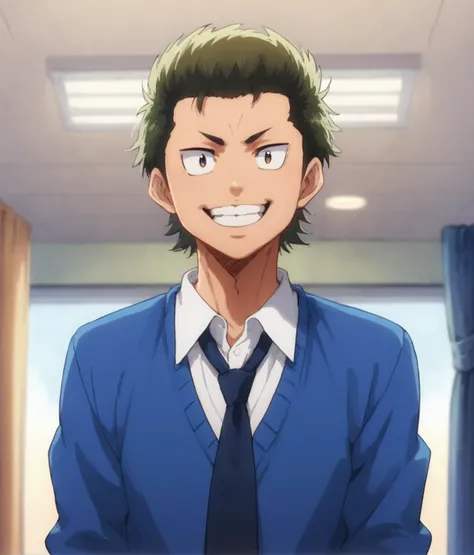 score_9, score_8_up, score_7_up,  <lora:Kuramochi:0.8>,  1boy, solo, Kuramochi Yoichi, green hair, collared shirt, blue sweater, necktie, sanpaku, :D, smile, teeth, indoors, male focus, looking at viewer, short hair,