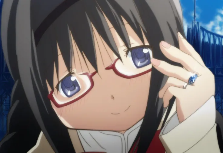 megahomu, 1girl, glasses, solo, black hair, school uniform, braid, smile, long hair, red-framed eyewear, ring