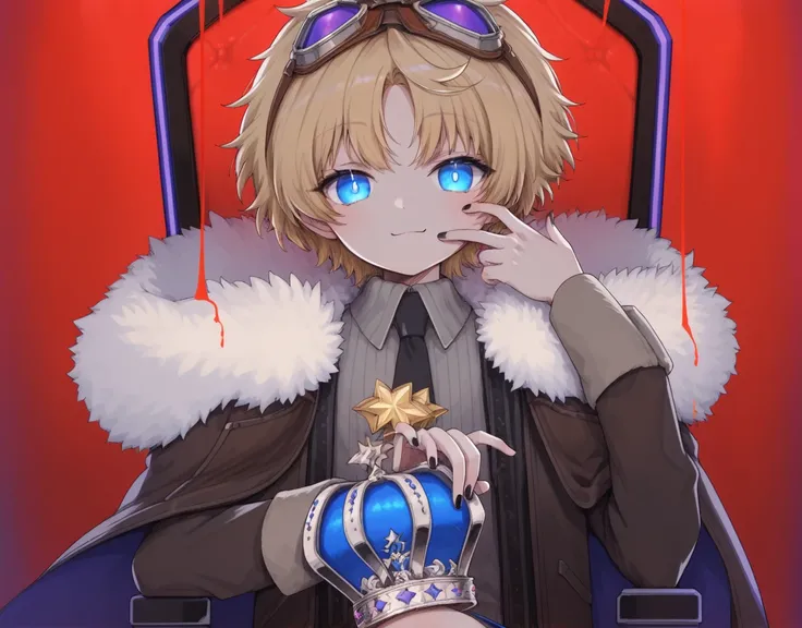 score_9,score_8_up,score_7_up,score_6_up,source_anime,masterpiece,best quality,high-detailed,Ray Tracing BREAK <lora:KING:0.8>,kingstyle,1boy,male focus,crown,solo,looking at viewer,black nails,sitting,necktie,fur trim,nail polish,shirt,collared shirt,long...