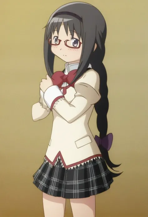 megahomu, 1girl, solo, glasses, long hair, school uniform, black hair, braid, mitakihara school uniform, from front, full body, standing