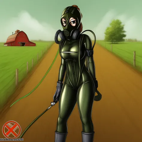 1girl, gimp mask, gas mask, oxygen tank, latex bodysuit, air hoses, latex mittens, farm scene