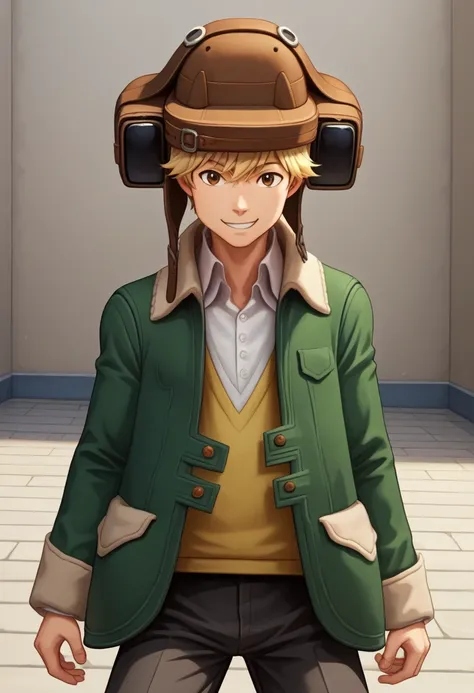 score_9,score_8_up,score_7_up,score_6_up,score_5_up,score_4_up,source_anime BREAK quark, solo, 1boy, male focus, aviator cap, smile, looking at viewer, blonde hair, brown eyes, jacket, shirt, green jacket, pale yellow sweater vest, open jacket, standing, v...