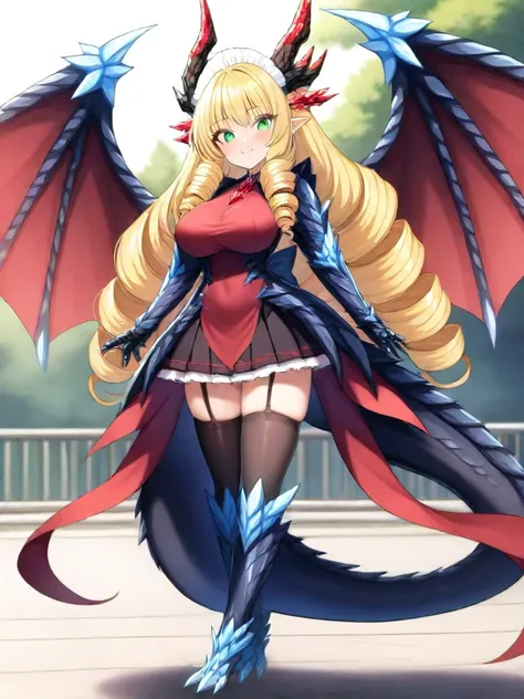 1girl,solo,standing, stamp ones feet,hands wine juice,from an angle,
break,<lora:Futtoras_Crystal_Dragon_Girl_Maidyounglady_Ruby:1>fc_maid_ruby, wings, dragon wings, tail, horns, blonde hair, drill hair, dragon tail, solo, thighhighs, dragon girl, green ey...