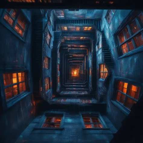 glowing piercing eyes, emphasizing the fantastical, adding a mysterious ambiance. Emerging from the darkness of the staircases is a menacing, and sinewy tendrils or limbs reaching downward. The rich, surreal nature of the intricate setting. The overall atm...