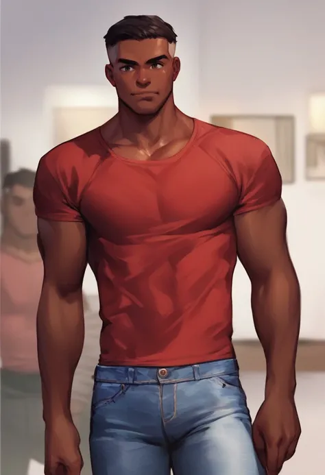 score_9, score_8_up, score_7_up, score_6_up, rating_safe, solo focus, source_cartoon, solo shot, cowboy shot, portrait, 1boy, C04ch, dark skinned male, muscular, red shirt, jeans,