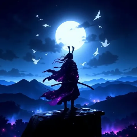 3pic_vist4, anime_martz, dark silhouette of a samurai standing on a rooftop under a large, white_glow full moon, with blue_glow highlights outlining the figure. The scene is surrounded by shadows with subtle white_glow clouds and distant mountains. Flying ...