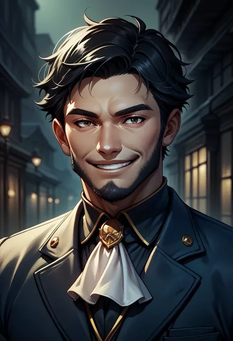 PonyXLV6_Scores BREAK  MiskyPie, MiskyPie, man, 1boy, male focus, solo, facial hair, beard, ascot, black hair, smile, upper body, short hair, cinematic angle, cinematic lighting, source_anime,