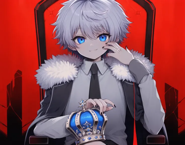 score_9,score_8_up,score_7_up,score_6_up,source_anime,masterpiece,best quality,high-detailed,Ray Tracing BREAK <lora:KING:0.8>,kingstyle,1boy,male focus,crown,solo,looking at viewer,black nails,sitting,necktie,fur trim,nail polish,shirt,collared shirt,long...