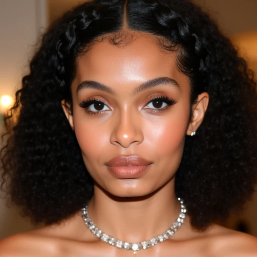 possibly a woman, curly black hair, which might suggest formal attire such as an evening gown or dress. They have their hair styled in braids and are wearing makeup that includes prominent eyelashes and lips painted a shade of nude. The person is looking d...