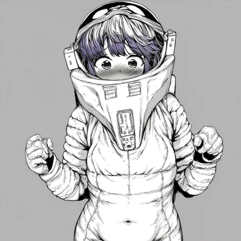 covered mouth, spacesuit, closed mouth, blush, greyscale, 1girl, navel, open mouth, solo, purple hair