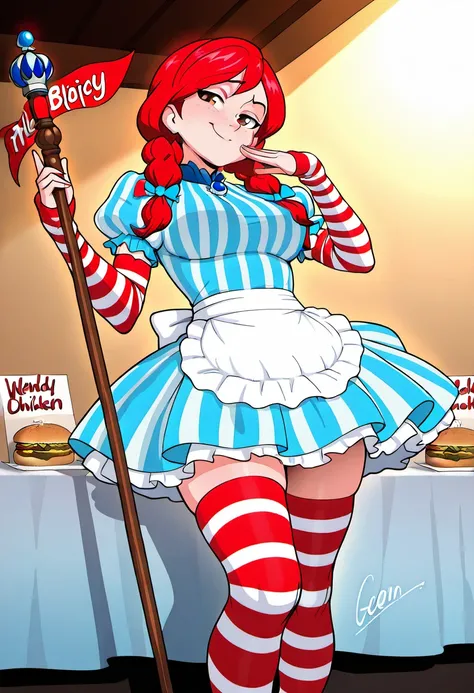 (((solo))),masterpiece, best quality, very aesthetic,  modern, modern anime, <lora:Smug_Wendy_Illustrious:1>, Wendy Thomas has a smug expression on her face. Wendy has bright red hair styled in pigtails, and is wearing a light blue and white striped dress ...