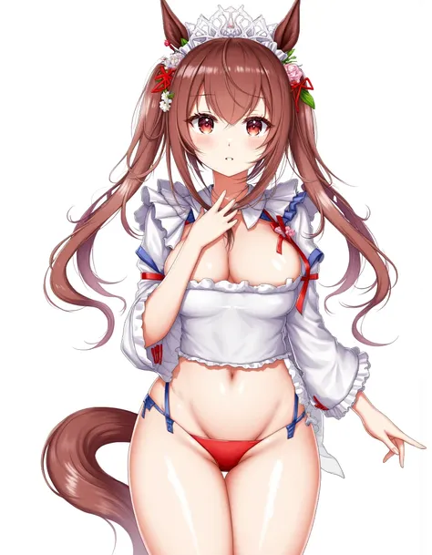 araragikoyomi, a masterpiece with amazing quality, detailed 4k illustration, daiwa scarlet, umamusume, red eyes, brown hair, very long hair, twintails, (maid headdress),hoodie,sleeveles shirt, large breasts, animal ears, horse ears, [horse tail],, , 1girl,...