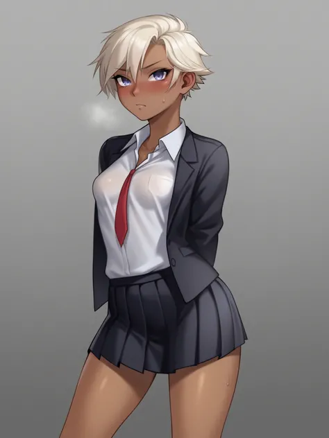 1girl, standing, looking at viewer, uncensored, score 9 up, score 8 up,
 <lora:Mado_Assorted_Doujin_Artstyle_Blend_PonyXL:1>,hetero, blush, short hair, tomboy, school uniform, breasts, dark skin, shirt, pleated skirt, small breasts,