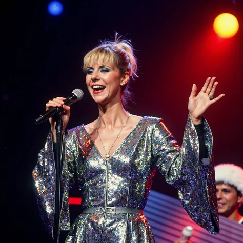 High quality candid professional photograph featuring #dorothée on stage wearing a sylver costume she is singing on a microphone that she holds on her hand