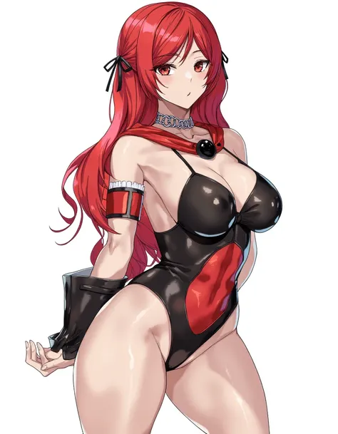 ashiomimasato, a masterpiece with amazing quality, detailed 4k illustration, honolulu azur lane, , red eyes, red hair, long hair, twintails, (bell-bottoms),hood,armlet, large breasts, choker, broken chain, black ribbon, , 1girl, solo, sideboob, photo backg...