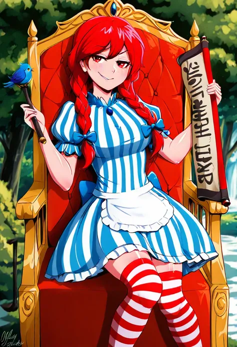 (((solo))),masterpiece, best quality, very aesthetic,  modern, modern anime, <lora:Smug_Wendy_Illustrious:1>, Wendy Thomas has red hair styled in pigtails with blue bows at the end of her braids. She is wearing a white and blue striped dress with puffed sl...