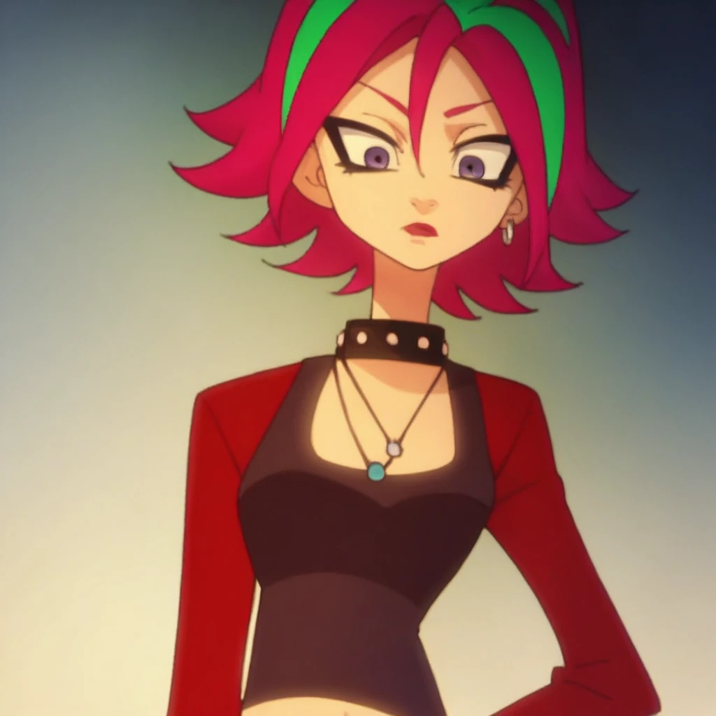 score_9, score_8_up, score_7_up, source_anime BREAK 1girl, jewelry, solo, multicolored hair, earrings, necklace, makeup, green hair, short hair, lipstick, hand on hip, navel, collar, midriff, purple eyes