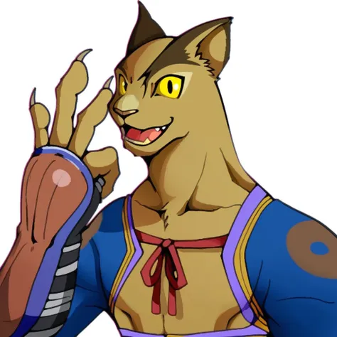 score_9,score_8,score_7,score_6up, cougar_suikoden, solo, looking at viewer, smile, open mouth, simple background, 1boy, white background, yellow eyes, male focus, fang, hand up, blue jacket, furry, colored sclera, furry male, yellow sclera, snout, cat boy